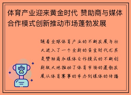 体育产业迎来黄金时代 赞助商与媒体合作模式创新推动市场蓬勃发展