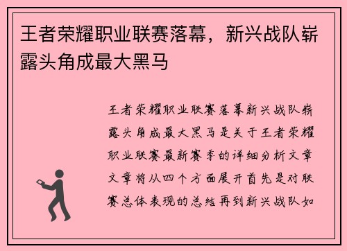 王者荣耀职业联赛落幕，新兴战队崭露头角成最大黑马