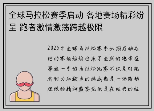 全球马拉松赛季启动 各地赛场精彩纷呈 跑者激情激荡跨越极限