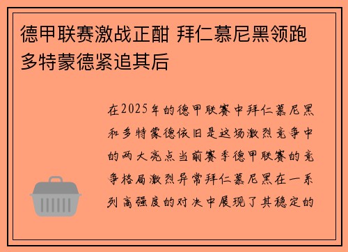 德甲联赛激战正酣 拜仁慕尼黑领跑 多特蒙德紧追其后