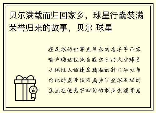 贝尔满载而归回家乡，球星行囊装满荣誉归来的故事，贝尔 球星