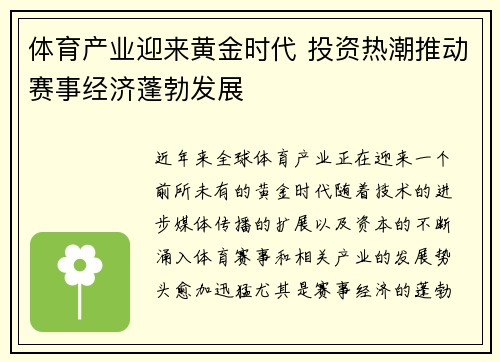 体育产业迎来黄金时代 投资热潮推动赛事经济蓬勃发展